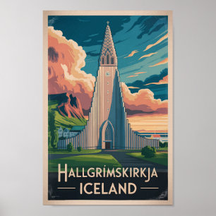 Poster Ilustração de viagem da Hallgrimskirkja na Islândi