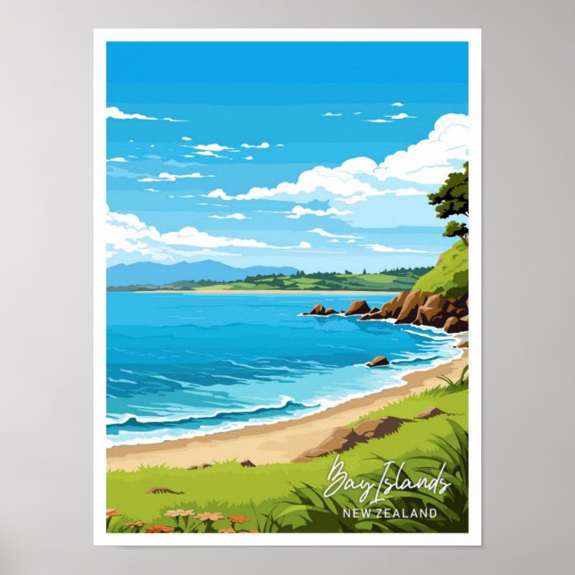 Poster Ilustração de Viagem da Nova Zelândia das Ilhas Ba (Frente)
