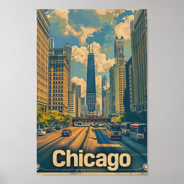 Poster Ilustração de Viagem de Retrospectiva de Chicago I (Frente)