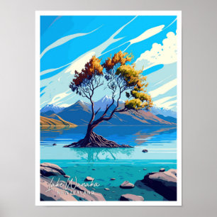 Poster Ilustração de Viagem do Lago Wanaka Nova Zelândia