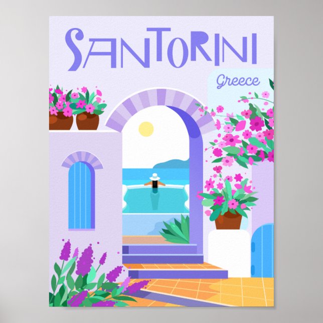Poster Ilustração de Viagem Famosa da Grécia Santorini (Frente)