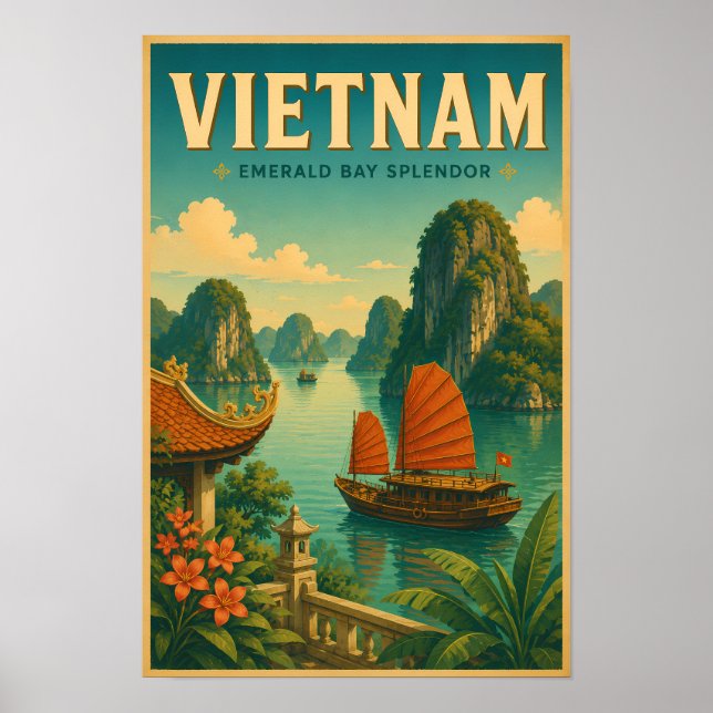 Poster Ilustração de viagem retro da Baía de Ha Long no V (Frente)