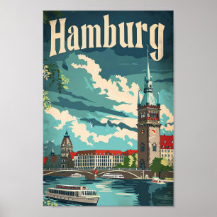 Poster Ilustração de Viagem retrovisor de Hamburgo, Alema