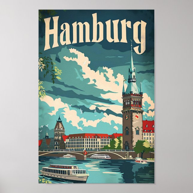 Poster Ilustração de Viagem retrovisor de Hamburgo, Alema (Frente)