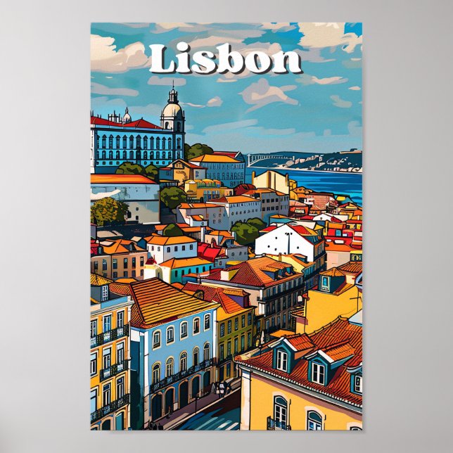 Poster Ilustração de Viagem retrovisor de Lisboa Portugal (Frente)