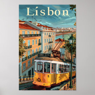 Poster Ilustração de Viagem retrovisor de Lisboa Portugal