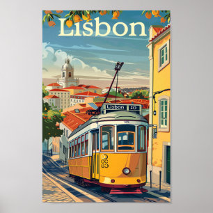 Poster Ilustração de Viagem retrovisor de Lisboa Portugal