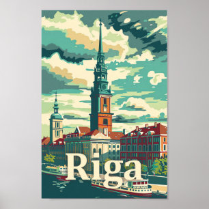 Poster Ilustração de Viagem retrovisor Riga Latvia