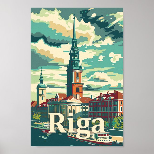Poster Ilustração de Viagem retrovisor Riga Latvia (Frente)
