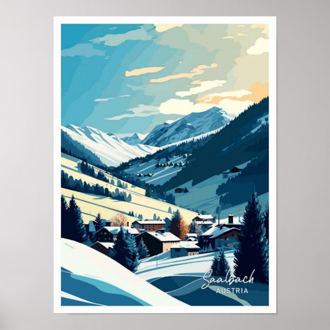 Poster Ilustração de Viagem Vintage da Áustria Saalbach (Frente)