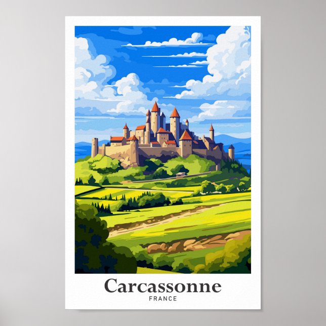 Poster Ilustração de Viagem Vintage da Carcassonne France (Frente)