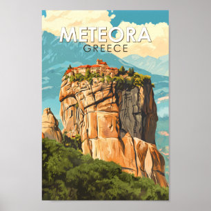 Poster Ilustração de viagem vintage Meteora Grécia Arte