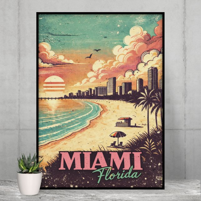 Poster Ilustração de Viagem Vintage Miami Flórida (Vintage Miami Florida Travel Illustration Poster)