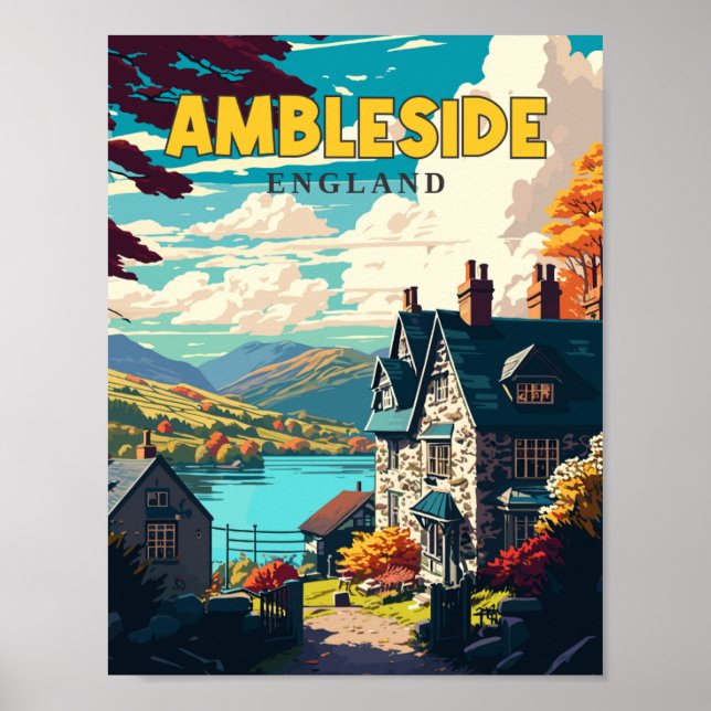 Poster Ilustração de viagens vintage Ambleside England (Frente)