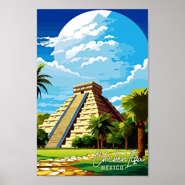 Poster Ilustração de viagens vintage Chichen Itza Mexico (Frente)