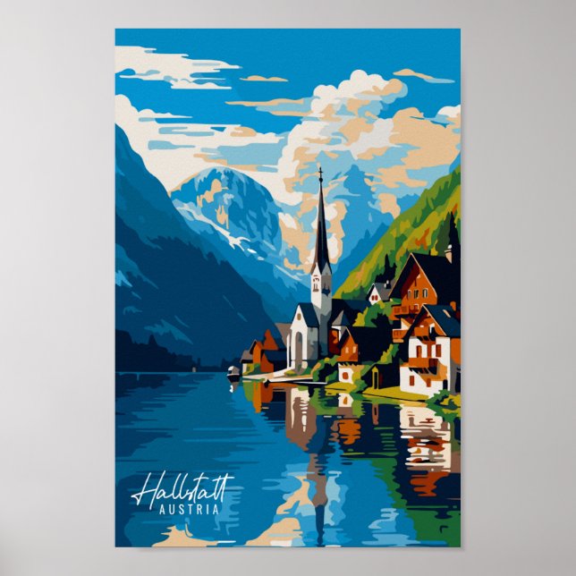 Poster Ilustração de viagens vintage da Áustria Hallstatt (Frente)