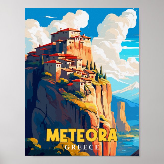 Poster Ilustração de viagens vintage de Grécia Meteora (Frente)