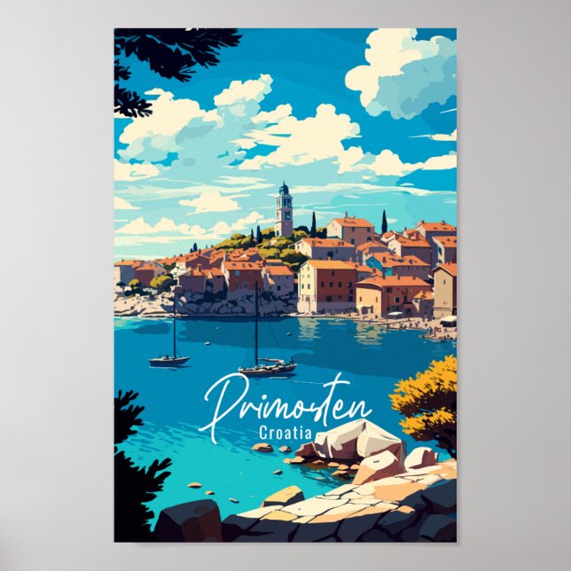 Poster Ilustração de viagens vintage do Primosten Croácia (Frente)