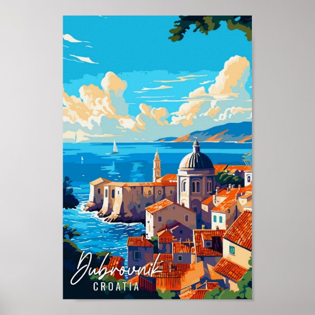 Poster Ilustração de viagens vintage Dubrovnik Croácia (Frente)