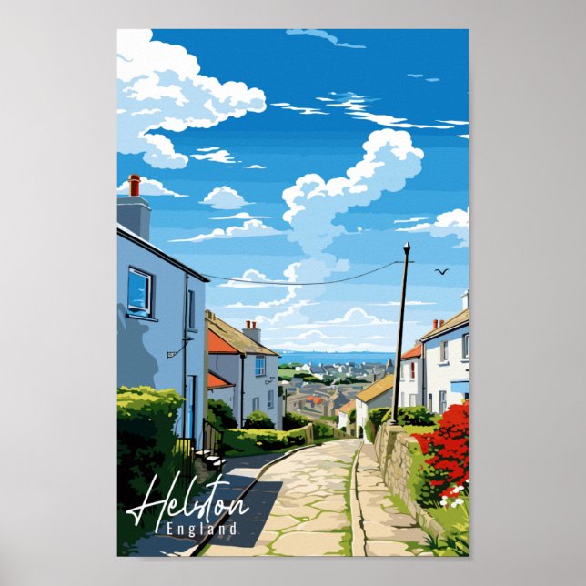 Poster Ilustração de viagens vintage Helston England (Frente)