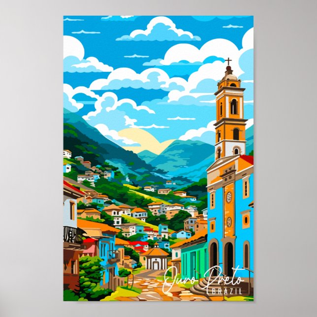 Poster Ilustração de viagens vintage Ouro Preto Brasil (Frente)
