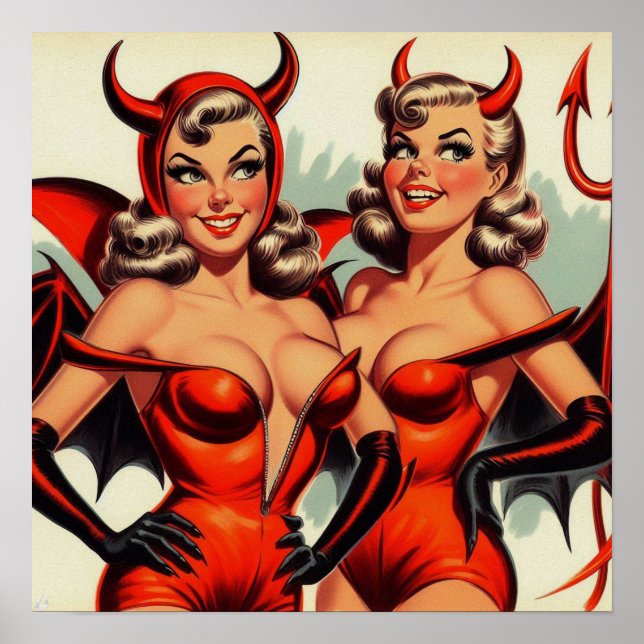 Poster Ilustração de Vintage Devil Girls (Frente)