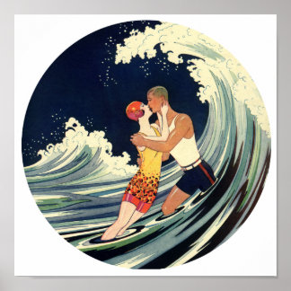 Pôster Ilustração de Vintage dos Surfer Lovers Kissing