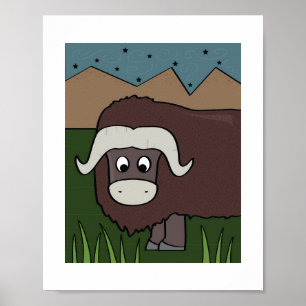 Poster Ilustração de Yak Cute - Arte Animal de Fazenda e 