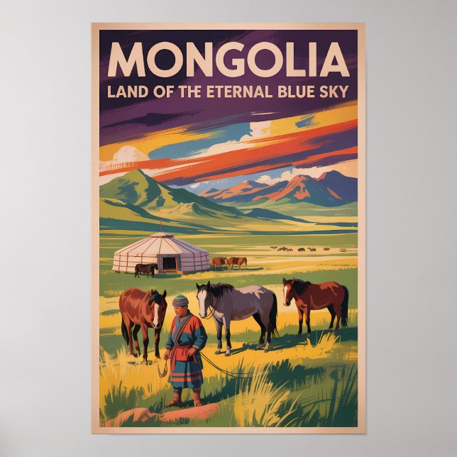 Poster Ilustração de yurt de cavalos da Mongólia Arte de  (Frente)