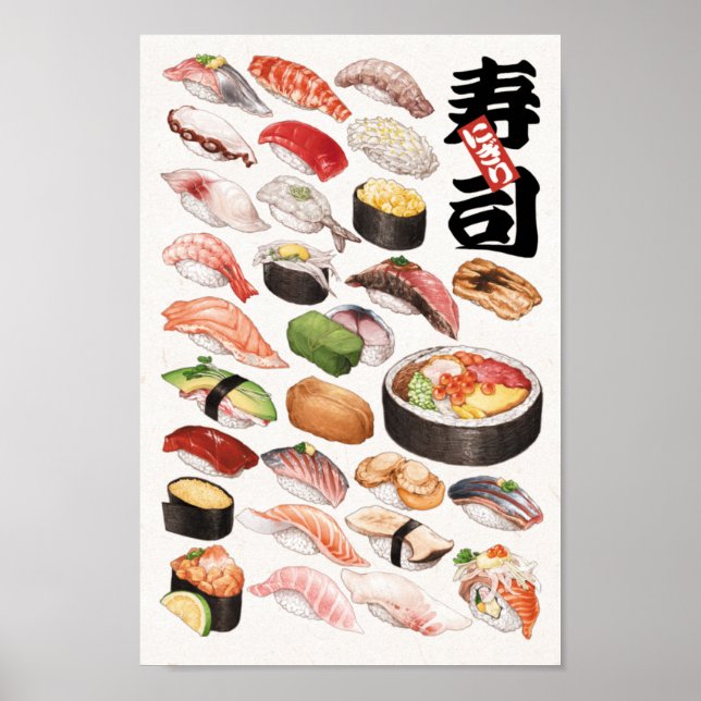 Poster Ilustração Desenhada Pela Mão De Sushi Japonesa (Frente)
