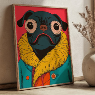 Poster Ilustração Divertida de Pug Engraçado Cachorro Fun