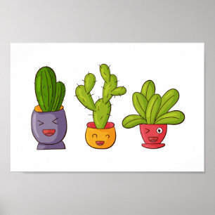 Poster Ilustração divertida de três cactus em Potes de