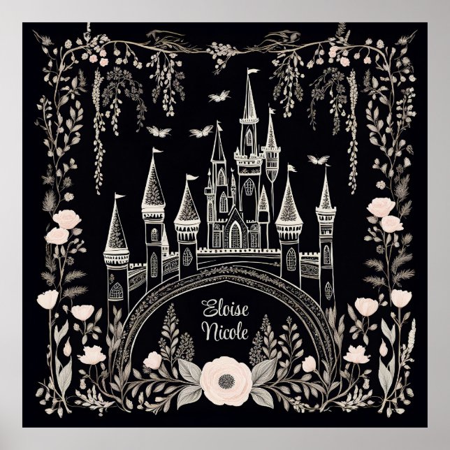 Poster Ilustração do Castelo de Fairytale Negro e Branco (Frente)
