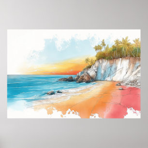 Poster Ilustração do Costeiro de Praia Desenho de Cor do 