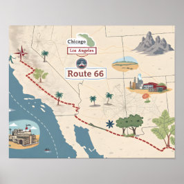 Poster Ilustração do Mapa de Viagem Antigo da Rota 66