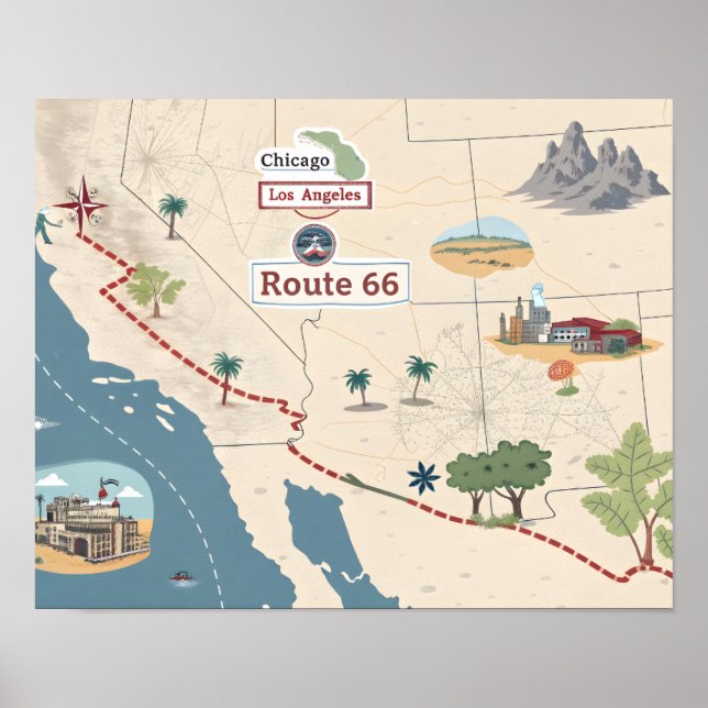 Poster Ilustração do Mapa de Viagem Antigo da Rota 66 (Frente)