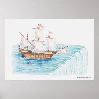 Pôster Ilustração do navio que se aproxima do bordo da ca