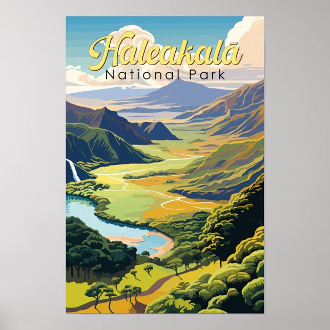 Poster Ilustração do Parque Nacional Haleakala Retro (Frente)