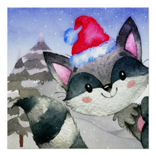 Pôster Ilustração do Racoon Amigos da Floresta de inverno