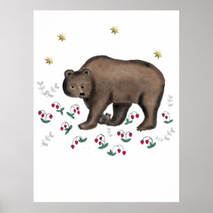 Poster Ilustração Do Urso Castanho E Morangos Florestai