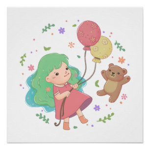 Pôster Ilustração do Urso de Teddy e Rapariga