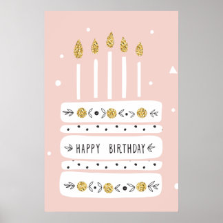 Poster Ilustração Dourada de Bolo de Aniversário do Paste