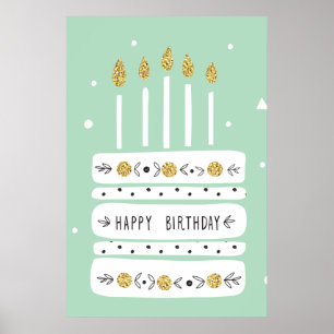 Poster Ilustração Dourada de Bolo de Aniversário do Paste