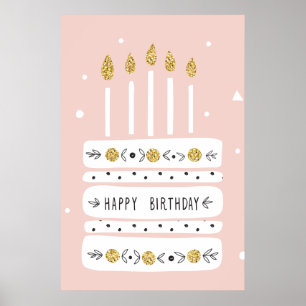 Poster Ilustração Dourada do bolo de aniversário do Pa