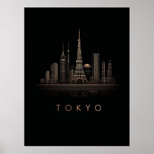 Poster Ilustração Elegante da Cidade de Tóquio em Dourado