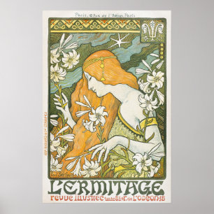Poster Ilustração Elegante de Mulher Art Nouveau com Líri