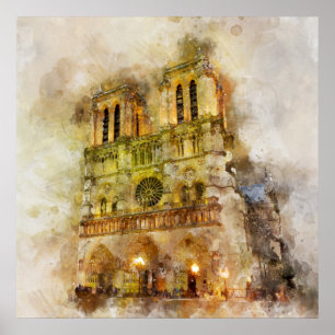 Poster Ilustração em Aquarela da Catedral de Notre Dame P