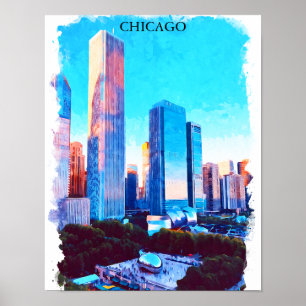 Poster Ilustração em Aquarela de Chicago Illinois