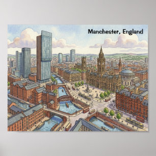 Poster Ilustração em Aquarela de Manchester Inglaterra