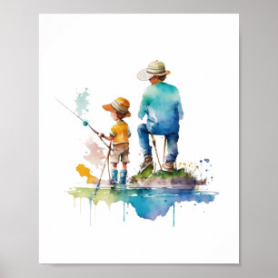 Poster Ilustração em Aquarela de Pai e Filho Arte de IA